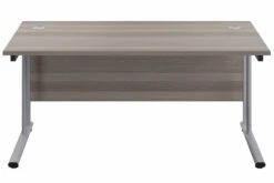 Kestral Grey Oak Rectangular Cantilever Desk -Office Furniture Shop grey oak top silver frame 4